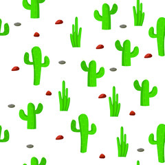 Seamless pattern consisting of green cacti of different shapes and stones of red and gray color, on a white background