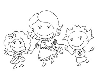 Coloring book for kids - Happy Mother's day. 8 March. Black and white cute cartoon hand drawing kids. Vector illustration.