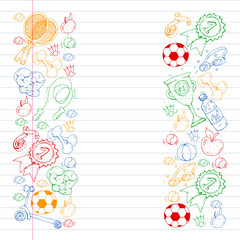 Vector pattern with sport elements. Fitness, games, exercises. Doodle icons in kids drawing style