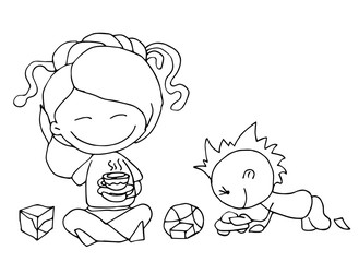 Coloring book for kids - Happy Mother's day. 8 March. Black and white cute cartoon hand drawing kids. Vector illustration.