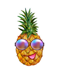 pineapple tropical fruits, summer concept, cartoon character in sunglasses, watercolor illustration isolated on white background