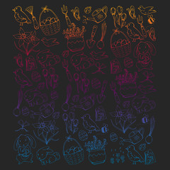 Naklejka premium Vector pattern with easter and spring elements. Eggs in basket, bunny, flowers, birds