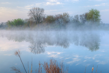 Foggy spring landscape at sunrise of Jackson Hole Lake, Fort Custer State Park, Michigan, USA