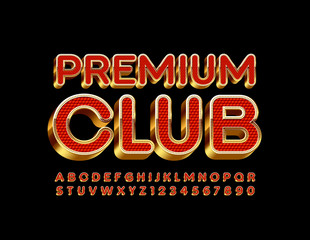 Vector chic logo Premium Club. Luxury Red and Golden Font. Stylish Alphabet Letters and Numbers. 
