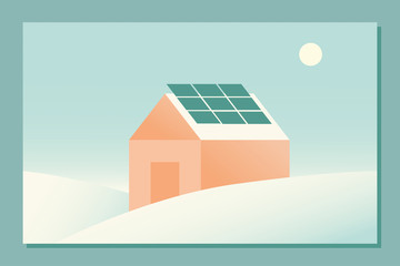 Cottage house with solar panels on roof and sun on sky. Modern hand drawn vector illustration in flat style and retro colors. Green technology, solar energy. Smart home