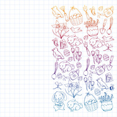 Vector pattern with easter and spring elements. Eggs in basket, bunny, flowers, birds