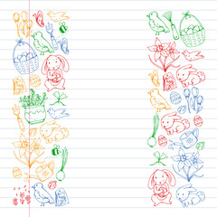 Vector pattern with easter and spring elements. Eggs in basket, bunny, flowers, birds