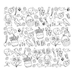 Fototapeta premium Coloring page. Vector pattern with easter and spring elements. Eggs in basket, bunny, flowers, birds