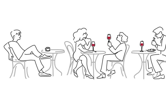 Animation of fashion people, men and women, sitting, eating and drinking wine in the cafe. Characters set.