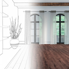 The sketch was transformed into a large empty room with access to a terrace with white walls, wooden beams, a dark wooden floor, and a large vase with branches. 3d render