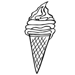  Vector illustration.Close-up ice cream in a waffle cone on an isolated white background.Design of children`s tattoos, coloring books, covers, print clothes.