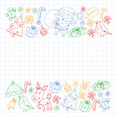 Christmas winter party. Happy new year. Bullfinch, Santa Claus, snowman, deer. Presents and candy.