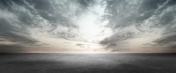 Fotobehang Achtergrondscène op de vloer met Dark Cloud Horizon Sky © Bernulius