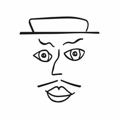 Sketch of a man with a mustache and a hat. Abstract portrait drawn by hand. Vector illustration.