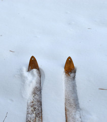 wooden hunting skis on the background of a snow field and animal tracks in the winter forest