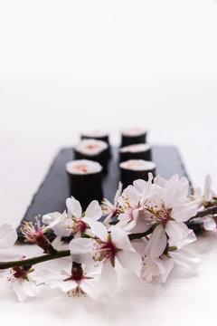 Stock photo of Sakura flower with Maki sushi on a black slate tray all on a white background.