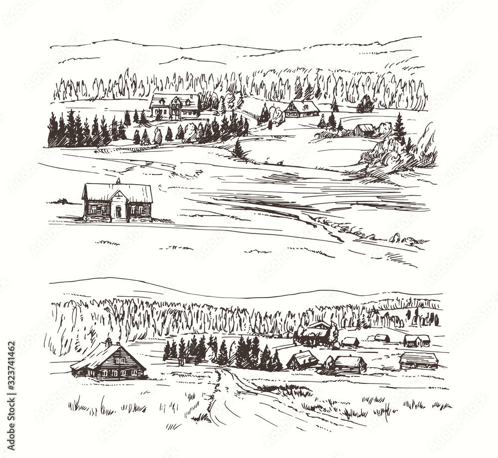 Wall mural Rural landscape. Hand drawn set