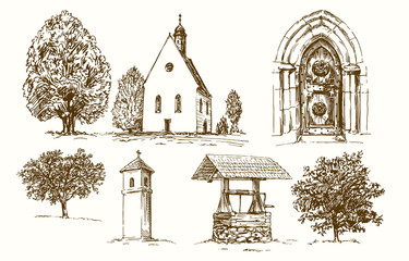 Rural country church. Hand drawn set. - 323742876