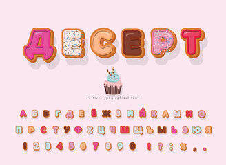 Dessert cyrillic decorative font. Cartoon sweet letters and numbers. Cute alphabet for girls. Birthday, baby shower celebration design. Vector