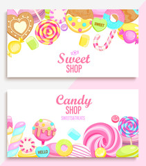 Set of candy and sweet shop banners with many sweets and place for text. Candy,macaroon,bonbon,lollypops,marshmallow,jellybean,candy cane, biscuit. Template for posters, menu,flyers. Vector.