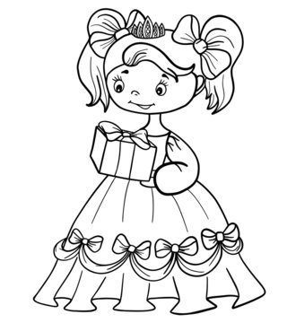 little princess girl with gift coloring book outline stroke illustration baby cute character vector page queen crown fairy tale