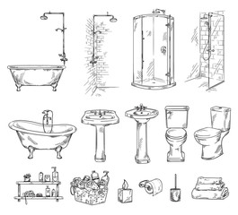 Set of bathroom objects: bathtub, shover, sink and toilet bowl. Bathroom accessories vector sketch.