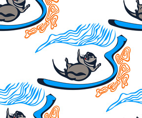 Vector background hand drawn with otter. Hand drawn ink illustration. Modern ornamental decorative background. Vector pattern. Print for textile, cloth, wallpaper, scrapbooking