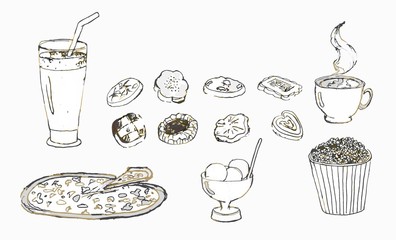 fast food food set.freehand drawing, vector.pizza, drinks, cakes, ice cream, coffee isolated on white background