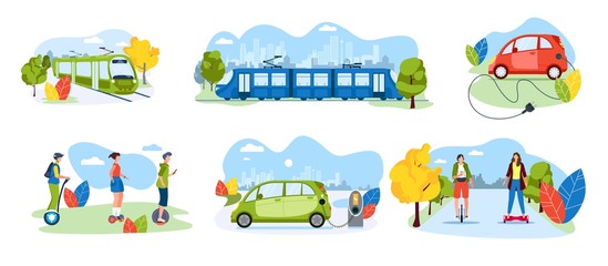 People riding electric transport in modern city, commuter rail train and tram, vector illustration. Eco friendly public transportation, urban environment. Electric car and personal transport set - obrazy, fototapety, plakaty