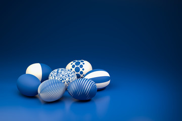 Easter Eggs with different textures in classic blue on a seamless blue background