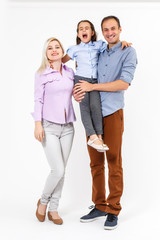 young happy family having fun on white background