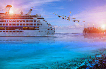 Cruise ship, large luxury white cruise ship liner stern ship view image on sunset sky and air plane...