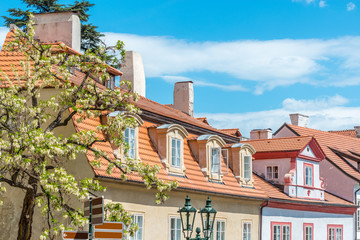 Fototapeta premium View of the top of old buildings with red roof and blue sky at Prague city Czech republic.
