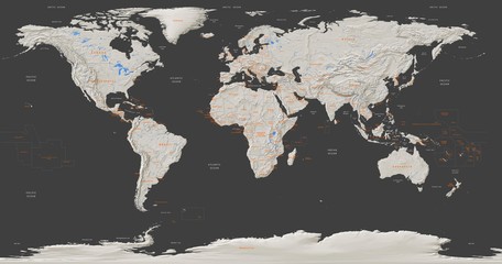 world map with capitals and descriptions on a dark background