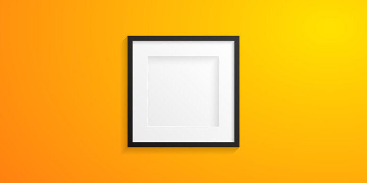 Front view of a realistic and modern white frame with black edge on a yellow colored wall - Mock-up - Free space for designer