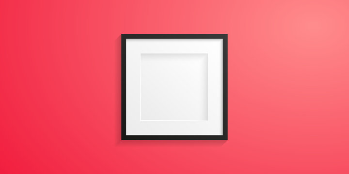 Front view of a realistic and modern white frame with black edge on a red colored wall - Mock-up - Free space for designer