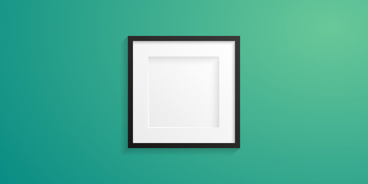 Front view of a realistic and modern white frame with black edge on a green colored wall - Mock-up - Free space for designer