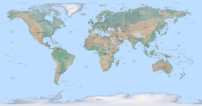 Fototapeta physical world map with capitals and descriptions on a blue background