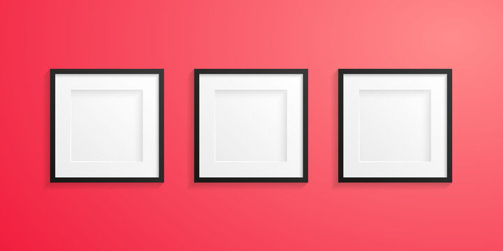 Front view of three realistic and modern white frames with black edge on a red colored wall - Mock-up - Free space for designer