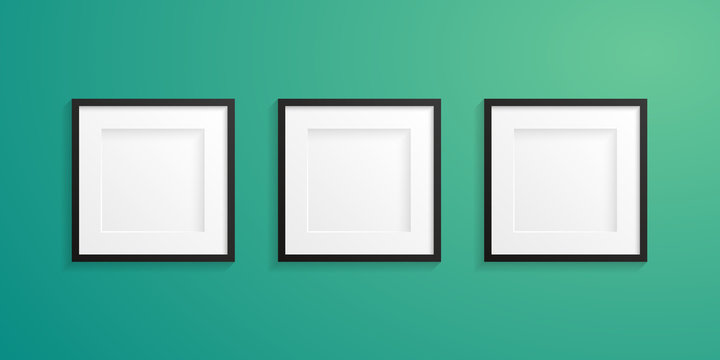 Front view of three realistic and modern white frames with black edge on a green colored wall - Mock-up - Free space for designer