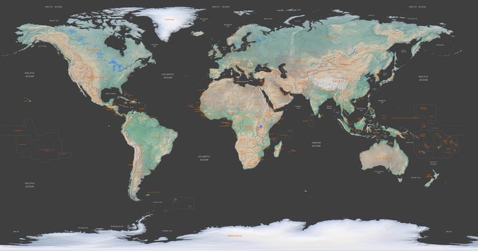 Fototapeta physical world map with capitals and descriptions on a dark background