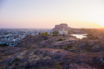 Fototapeta na wymiar View of Jaswant Thada and Mehrangarh Fort in Jodhpur city in Rajasthan, India