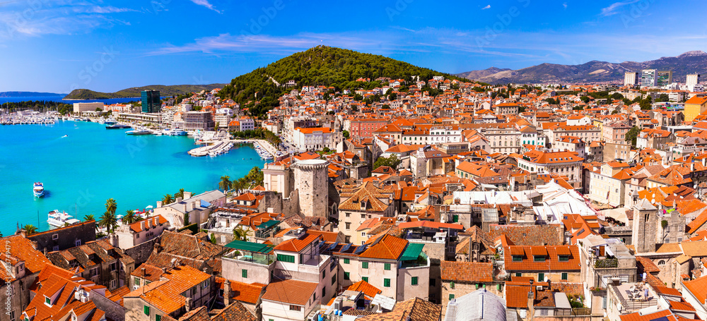 Sticker landmarks and travel in croatia- split , popular tourist and cruise destination in adriatic coast