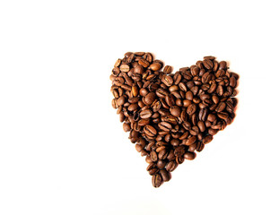 heart made of coffee beans. Studio shot, Close-up of coffee bean on white background. Set of fresh roasted coffee beans. copy space.