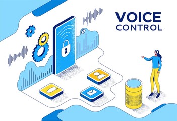 Voice control isometric 3d illustration, girl recording audio message on mobile phone using smart speaker, modern communication concept, speech recognition, identification application, ai technolodgy - 323750084