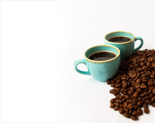 cup of coffee with beans. Studio shot, Close-up of coffee bean on white background. Set of fresh roasted coffee beans. copy space.