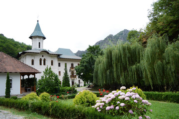Turnu monastery from Olt valley, Cozia mountains, Romania. 