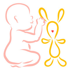 baby plays with a hare or trusts him a secret