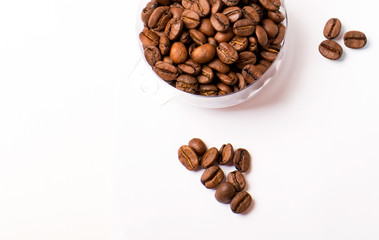 Studio shot, Close-up of coffee bean on white background. Set of fresh roasted coffee beans. copy space.