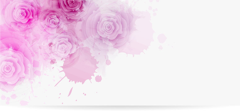 Watercolor paint splash background with roses
